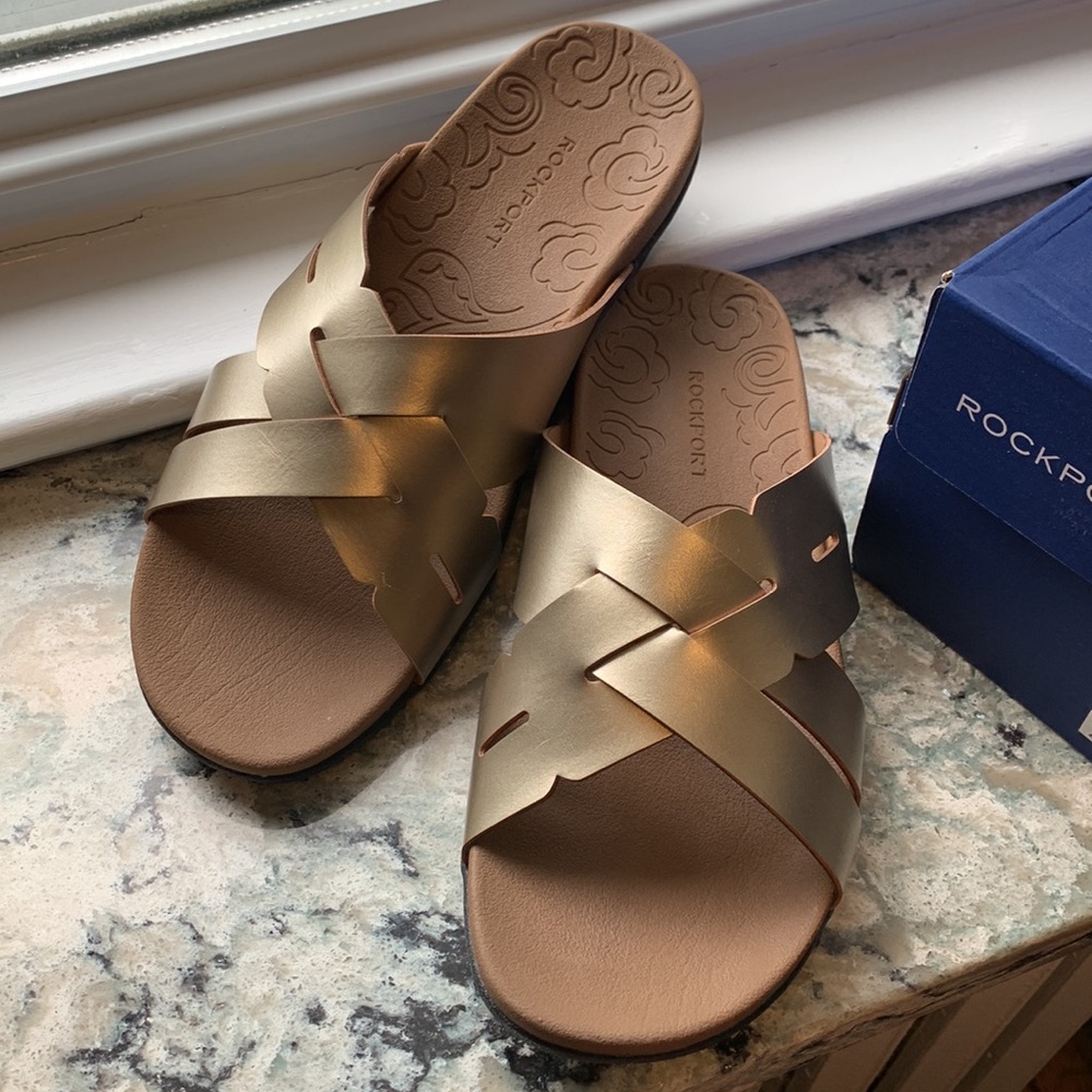 NIB ROCKPORT Ridge Woven Slide Metallic Gold Color Size 9 M - Picture 2 of 8